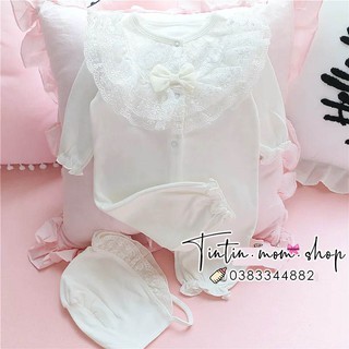 Set Body đầy tháng, thôi nôi cho bé gái - Set Body Tiểu Thư Ren Hoa Khuy Giữa (Kèm Mũ Bèo Tiểu Thư)