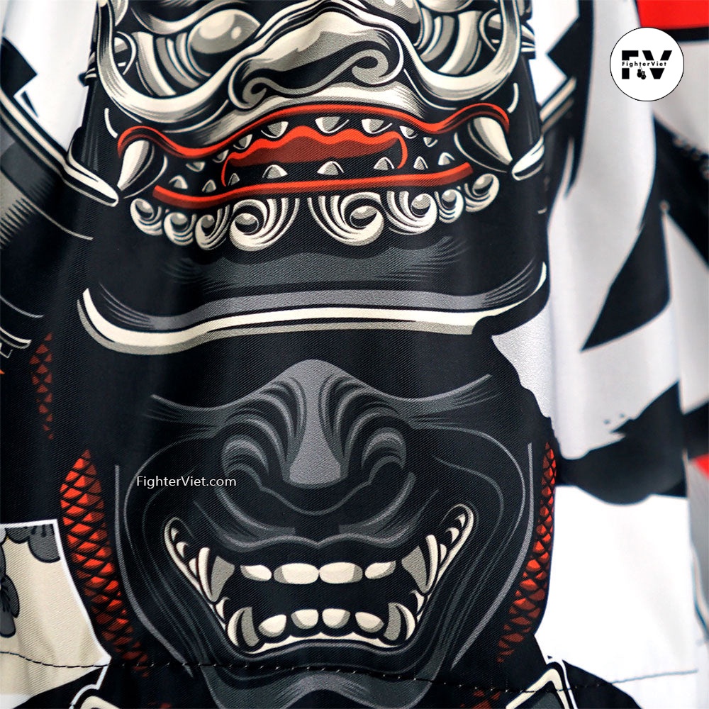 Quần TUFF Muay Thai Boxing Shorts The Samurai of Siam - Chữ Trắng