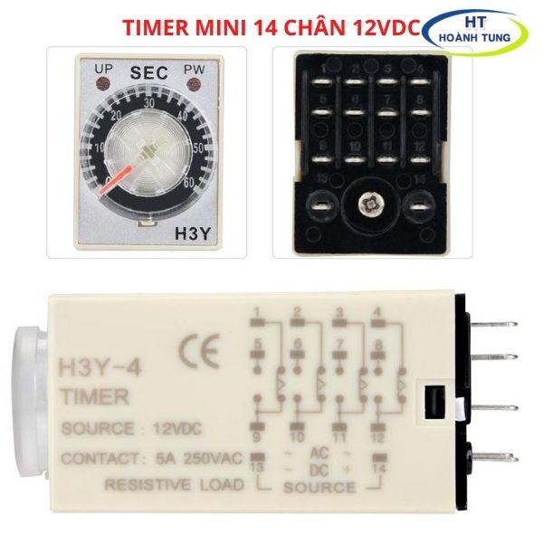 Timer mini hẹn giờ H3Y-4 relay thời gian, công tắc tự động 14 chân điện áp 12VDC tặng kèm chân đế PYF14A