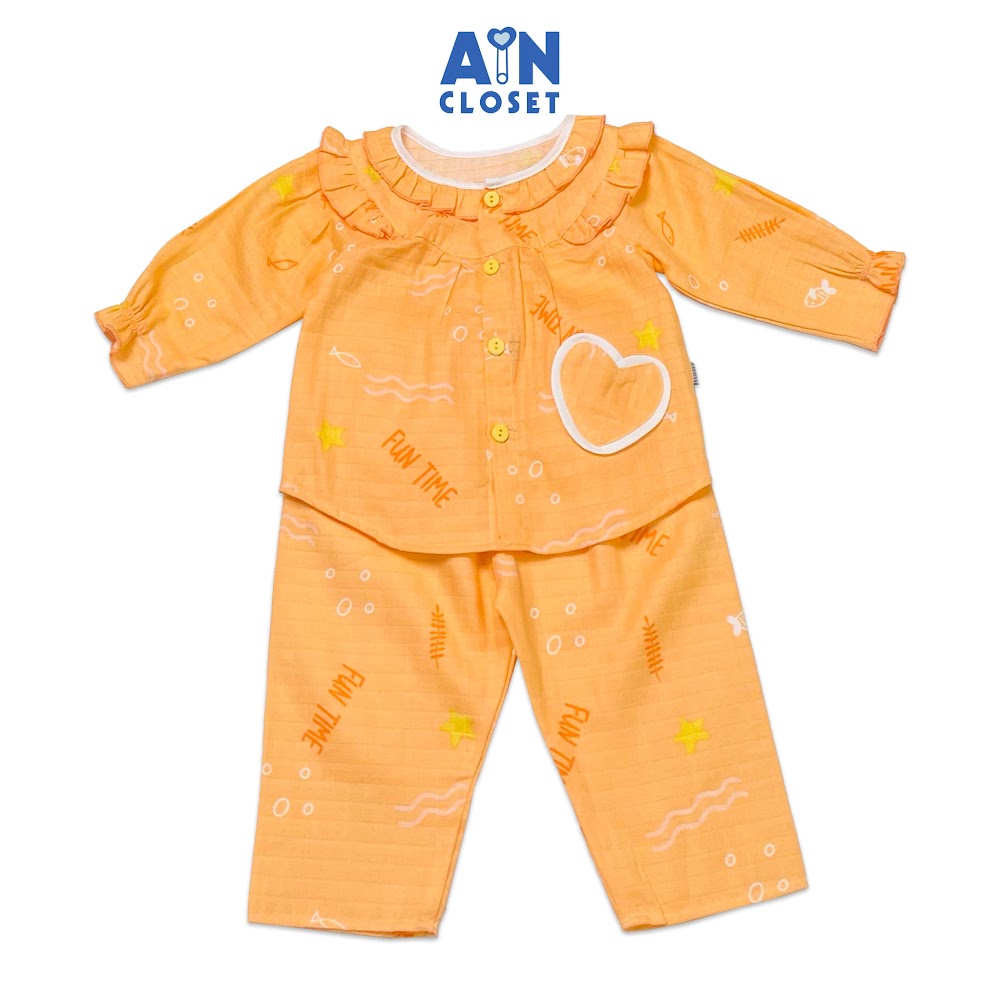 Bộ quần áo dài bé gái họa tiết Cổ bèo vàng túi tim xô sợi tre - AICDBG13ZYOI - AIN Closet