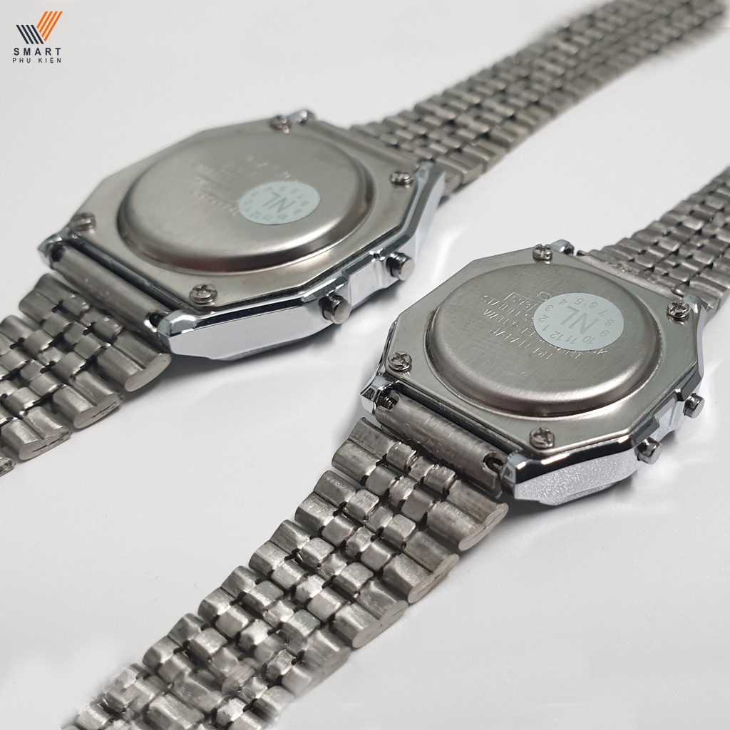 Đồng hồ điện tử đôi nam nữ A159 WA, Classic chống nước, Dây đeo tay Inox bạc mặt vuông, Unisex sang trọng trong công sở