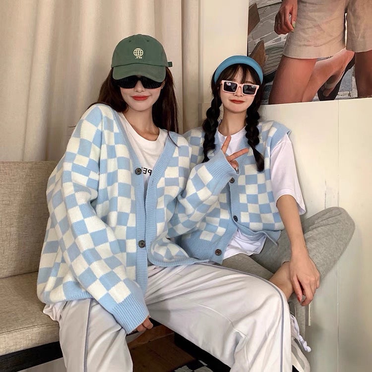 COZOK Áo sweater cổ chữ V họa tiết sọc caro phong cách Hàn Quốc