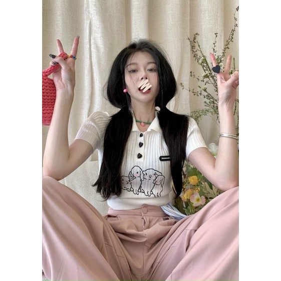 Áo thun croptop cổ bẻ gài nút hai màu 💕💕💕💕GB alohashop91
