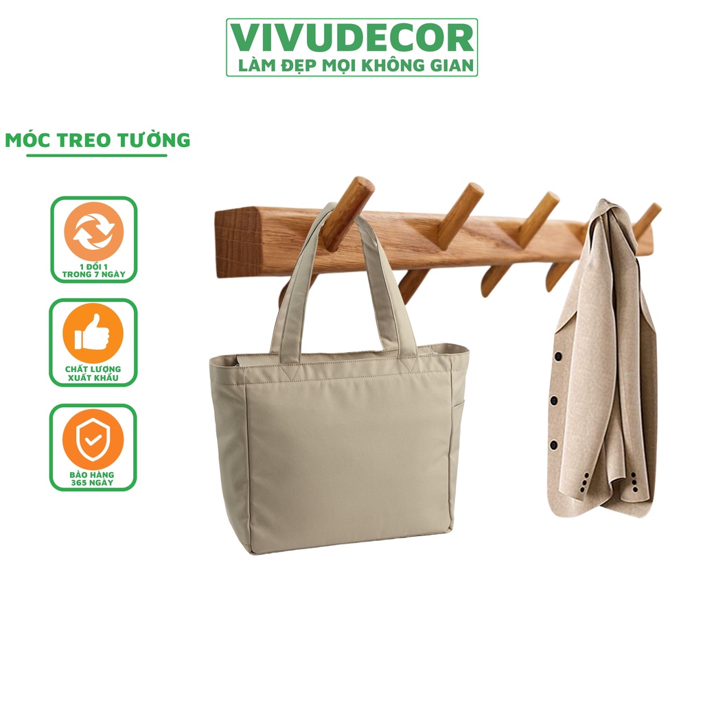 Móc treo quần áo Vivudecor thông minh 100% gỗ tự nhiên, móc treo tường vuông 5 nhánh trong nhà tắm, nhà bếp, cánh cửa