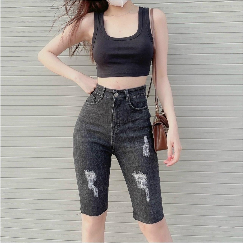 Quần jeans ngố dành cho BigSize Lưng cao, co dãn mạnh, màu xám lông chuột rách kiểu 4276 MLJ