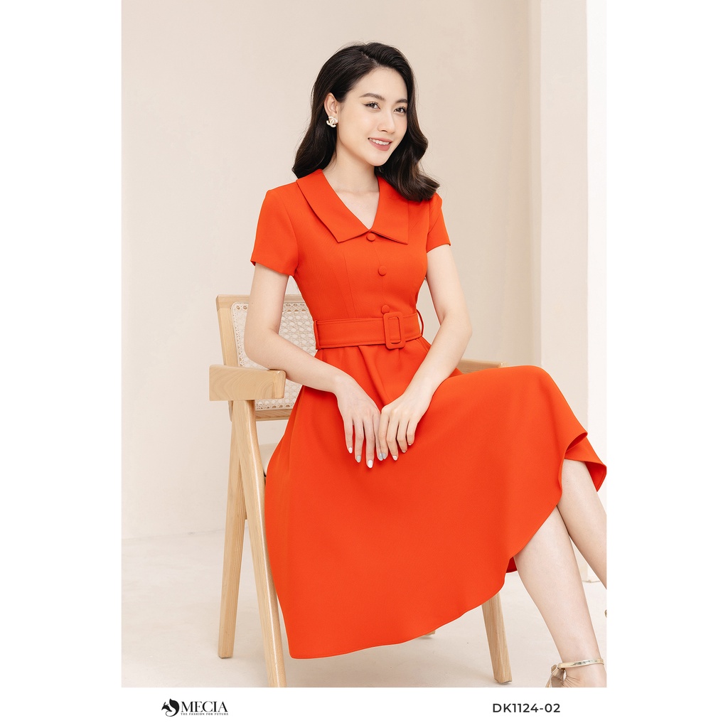 Đầm xòe cổ vest tay ngắn cao cấp MECIA thắt eo sang trọng DK1124