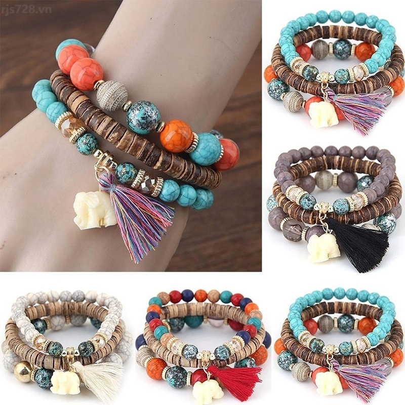 (MỚI) Vòng tay hợp kim đính hạt gỗ phong cách Boho