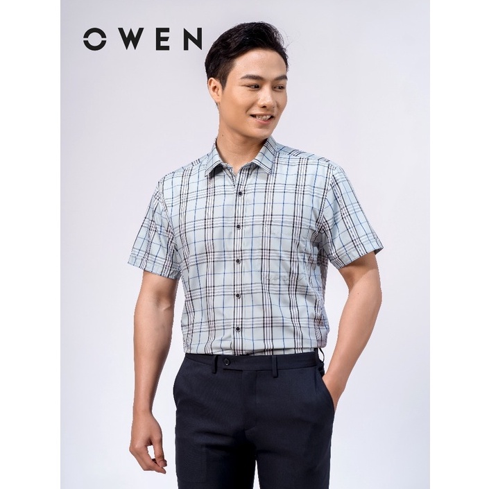 OWEN - Áo sơ mi ngắn tay Owen vạt ngang sợi Bạc hà kẻ ca rô xanh 220403