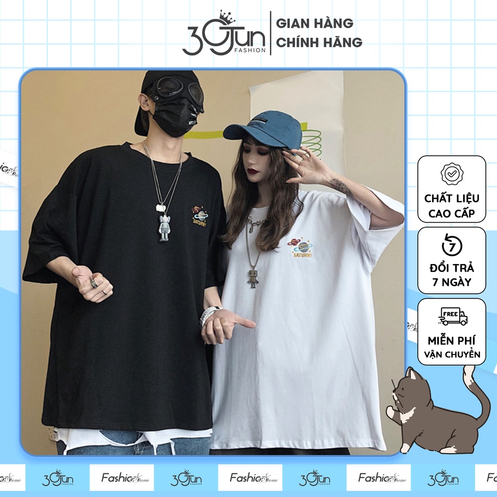 Áo thun cotton Saturn tay lỡ giấu quần cá tính, áo phông đôi nam nữ freesize đẹp cao cấp 2 màu trắng đen