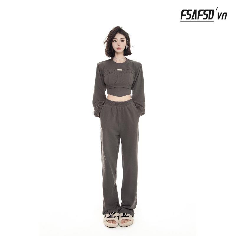 Set Đồ Thể Thao Gồm Quần Dài Ống Rộng Lưng Cao Kiểu Dáng Đơn Giản Năng Động Thời Trang