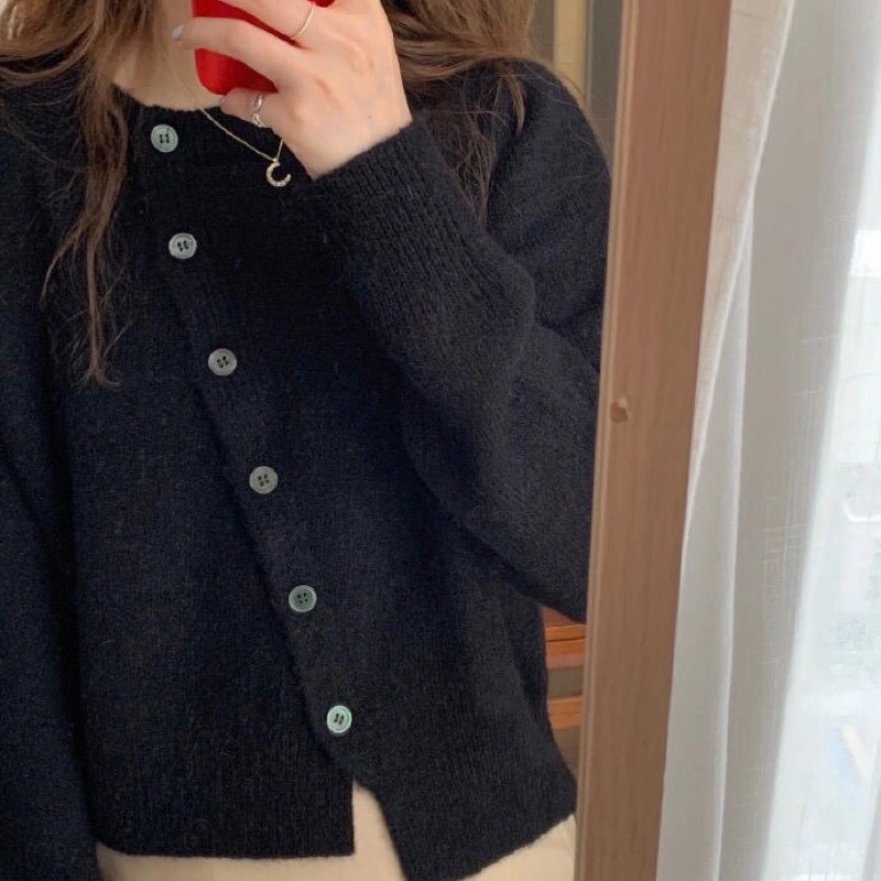 Áo Cardigan nút lệch form dài phong cách vintage hàn quốc
