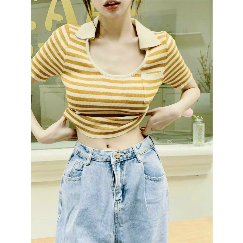 ÁO CROPTOP KIỂU LỬNG NỮ CỔ BẺ NGẮN TAY PHỐI TÚI SỌC ĐEN XANH ĐỎ VÀNG TÔN DÁNG ĐỈNH CAO PHÁ CÁCH HADI TỰ TIN DẠO PHỐ