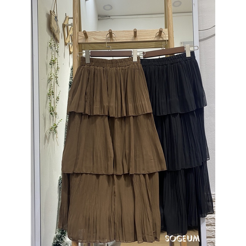 Chân váy dài 3 tầng cạp chun, Chân xêp li midi Quảng Châu Sogeum.store