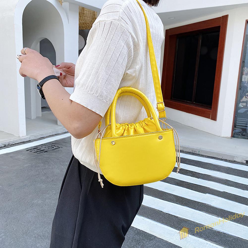 【On Sale】Fashion Women Drawstring Solid Color PU Shoulder Bag Top-handle Handbags