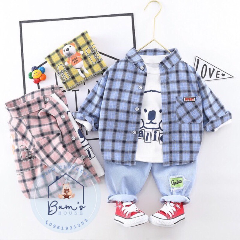 🔥SKSJ29🔥 Set bộ bé trai áo thun + khoác sơ mi + quần jean bụi bặm, cá tính 🔥 Bum’s House