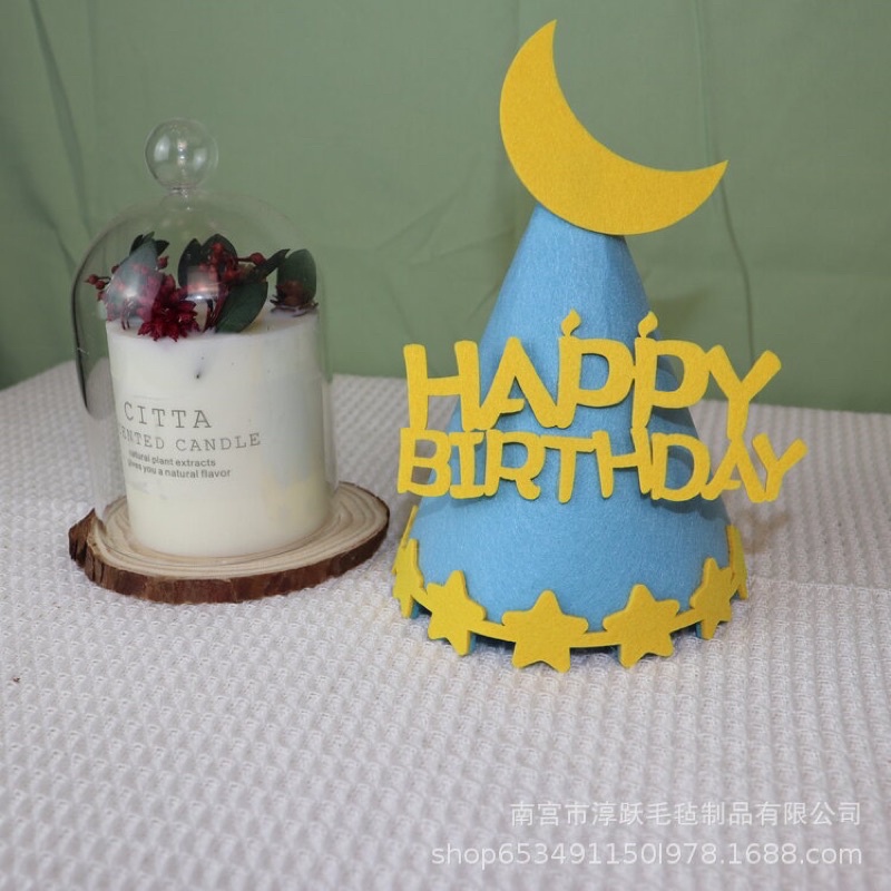 Nón dạ Happy Birthday mẫu mới-trăng,mây,sao,tuần lộc,khủng long,cá voi-đủ màu-mũ sinh nhật phong cách Hàn Quốc-xinh xắn