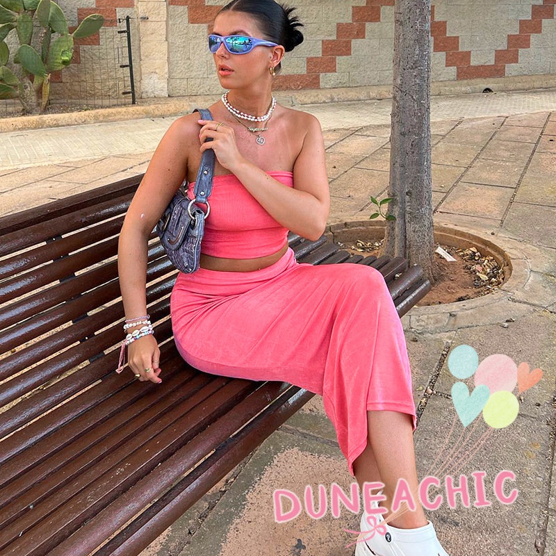 Set Áo Croptop 2 Dây + Chân Váy Dài Màu Trơn Thời Trang Cho Nữ