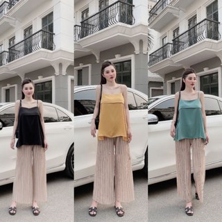 S410 Set áo 2 dây dáng xòe chất lụa phối quần ống suông dập ly sang chảnh