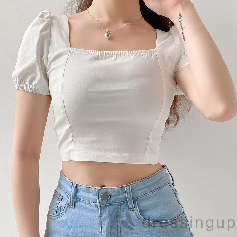 Áo Kiểu Cổ Vuông Tay Phồng Màu Trơn Thiết Kế Gợi Cảm Cho Nữ