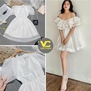Váy Trắng Trễ Vai Đầm Xòe Tiểu Thư Bèo Ngực Hở Lưng Vintage Dễ Thương - VIETCEN