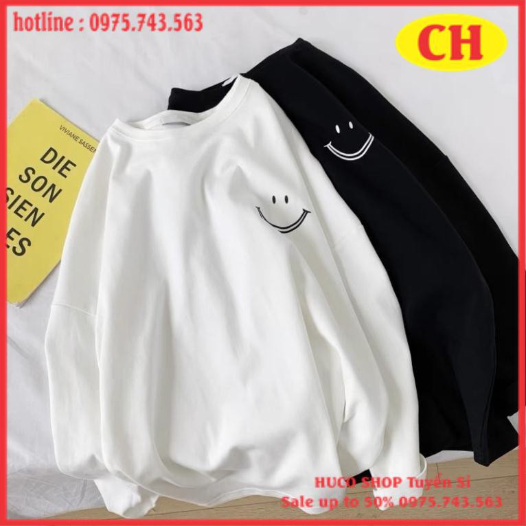 Áo thun dài tay nam nữ logo mặt cười Áo phông xuông unisex form rộng chất cotton mặc đôi nhóm ulzzang thu đông