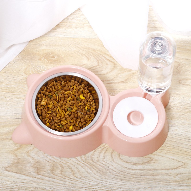 Bát đôi chó mèo inox có bình nước tự động, hai ngăn thức ăn và nước uống, thể tích bình 500ml