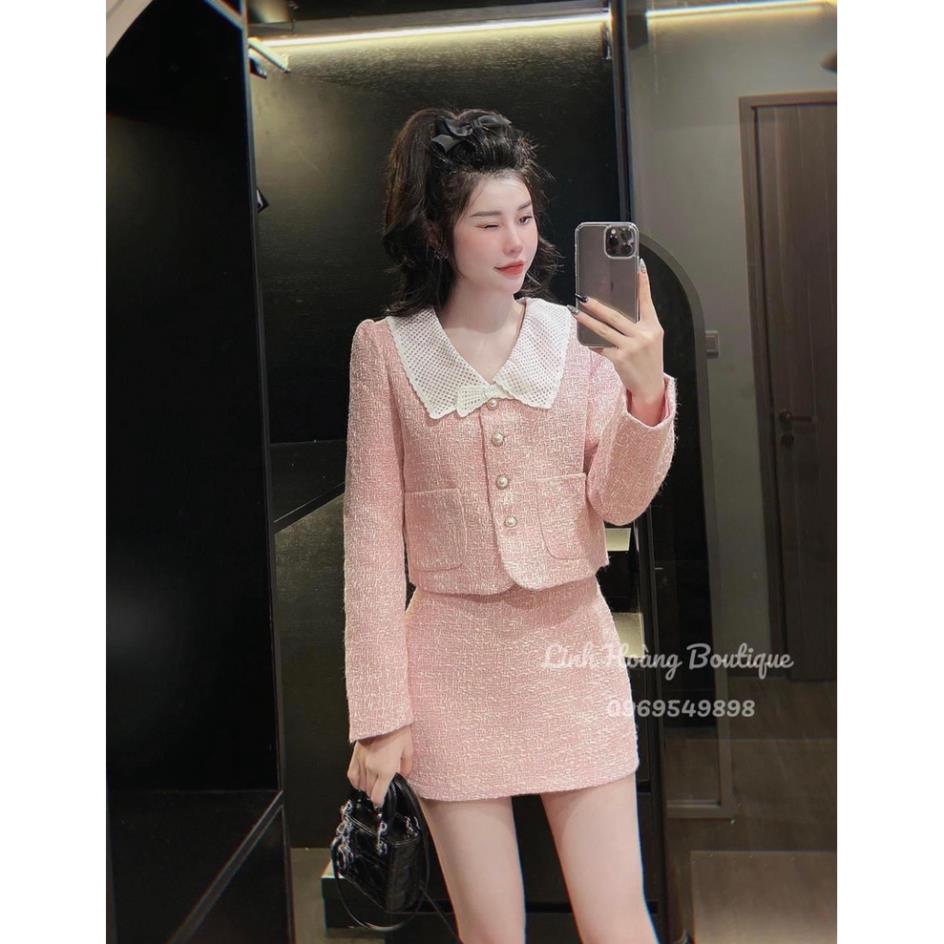 SÉT DA HỒNG CỔ REN CHÂN VÁY NGẮN CHỮ A CAO CẤP