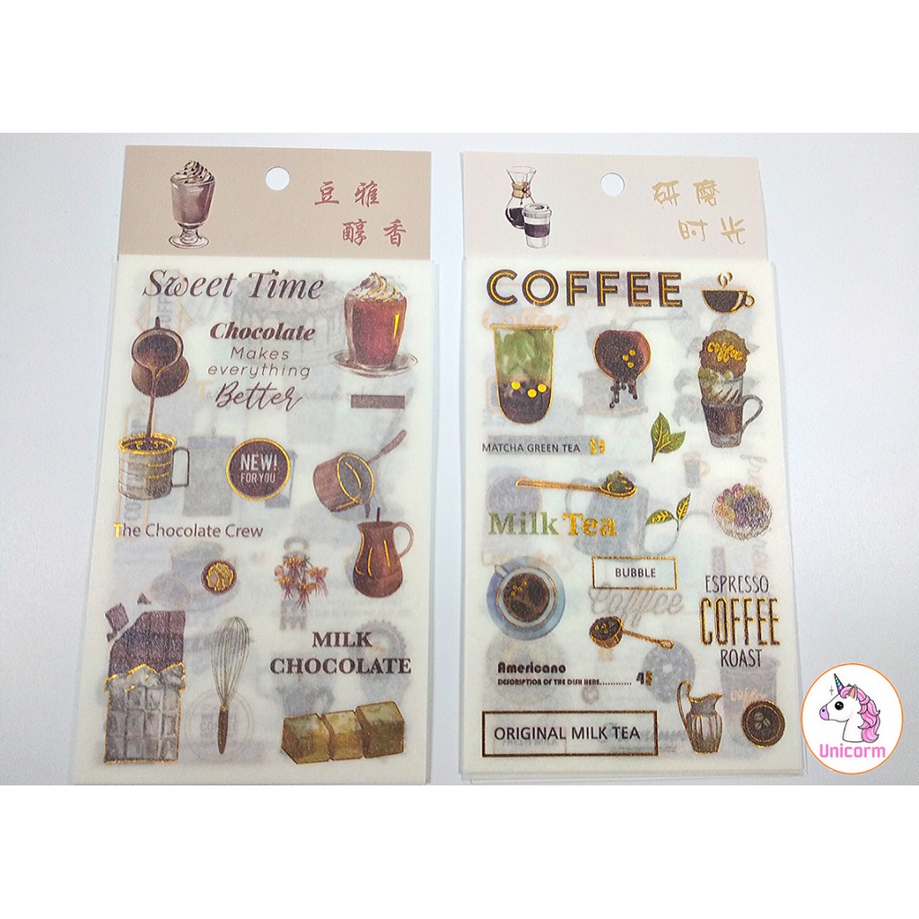 set 6 tấm sticker coffee and sweet time phong cách vintage siêu xinh - sticker dán trang trí planner sổ tay