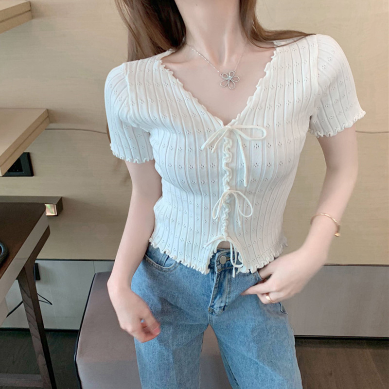 Áo Thun Nữ Ngắn Tay Cổ Chữ V Thời Trang Hàn Quốc 2021