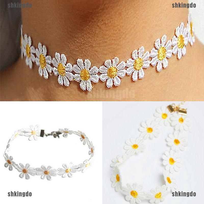 THINH Vòng Cổ Choker Đính Hoa Trắng Vàng Phong Cách Boho