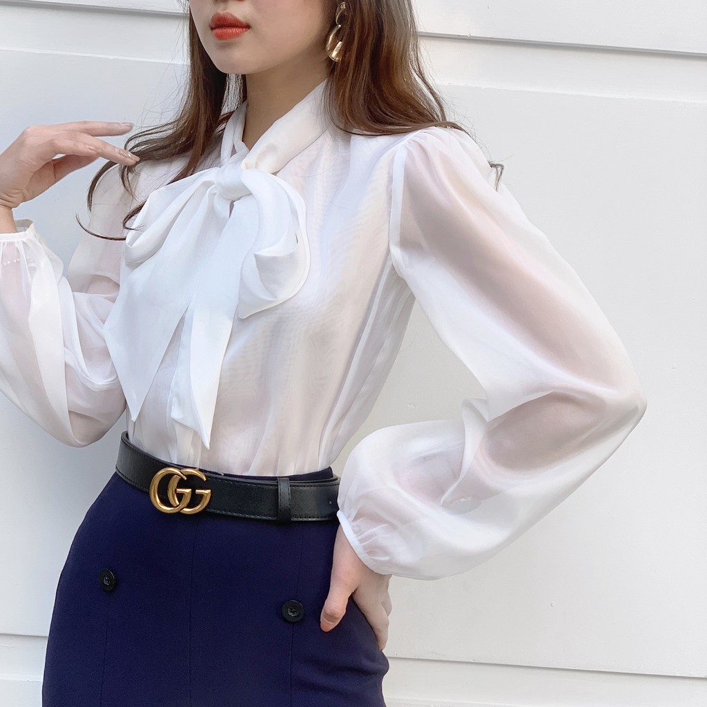 Áo sơ mi Nữ suông vai chờm cổ nơ trẻ trung cá tính tơ óng Harriet