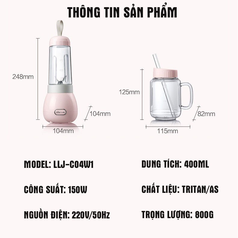 Máy xay sinh tố mini cầm tay Bear LLJ-C04W1 công suất 150W, hàng chính hãng bảo hành 1 năm