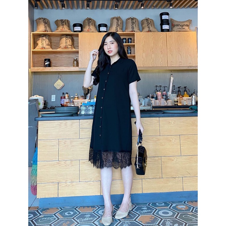 Váy bầu sơ mi thiết kế xuông chân ren xinh xắn M006 Mom and baby