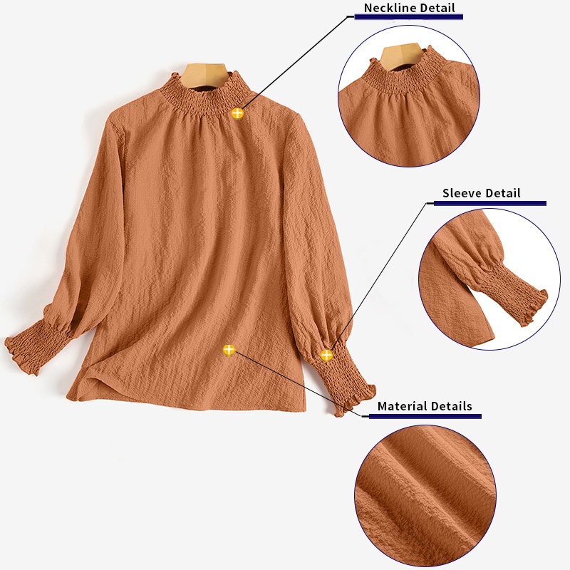 Áo kiểu Zanzea tay dài cổ đứng màu trơn thiết kế xếp ly phong cách vintage thời trang cho nữ