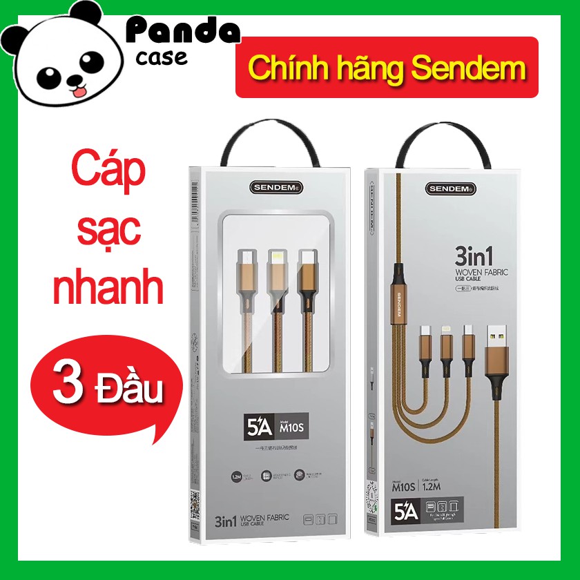 Dây cáp sạc 3 đầu bọc dù chính hãng SENDEM hỗ trợ sạc nhanh phù hợp nhiều dòng máy (chân sạc lightning /Micro /Type-C)