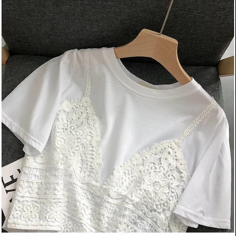 Áo Thun Cotton Tay Ngắn Giả Hai Lớp Phối Ren Phong Cách Hàn Quốc Thời Trang Mùa Hè Hàng Mới Dành Cho Bé Gái 0305