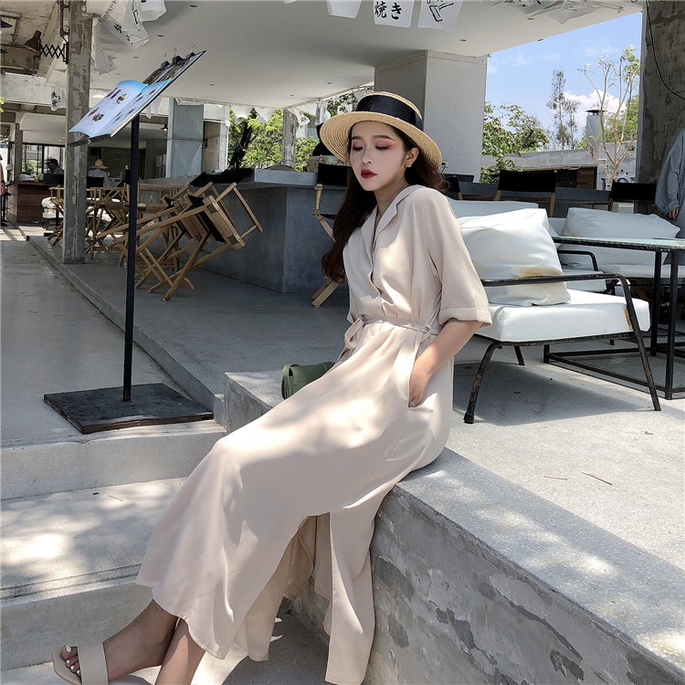 Váy sơ mi dáng dài vintage thắt eo cài khuy