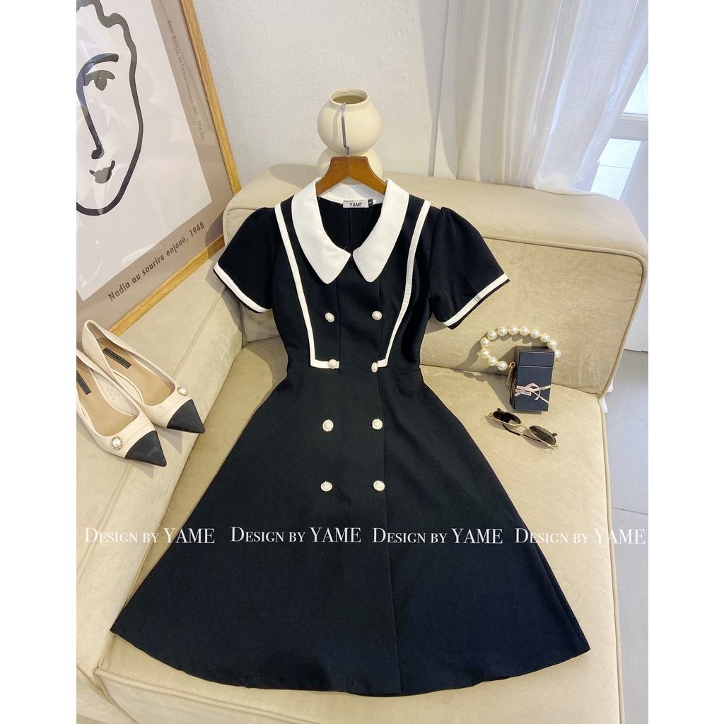 Váy đầm ngắn tay cổ sơ mi dáng chữ A màu đen viền trắng Naila Dres YAME
