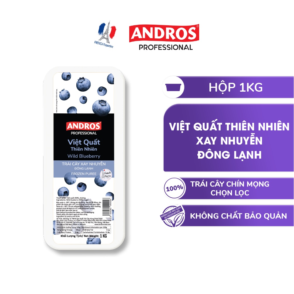 Việt Quất Xay Nhuyễn Đông Lạnh - Không chất bảo quản - ANDROS Frozen Puree - 1 KG -