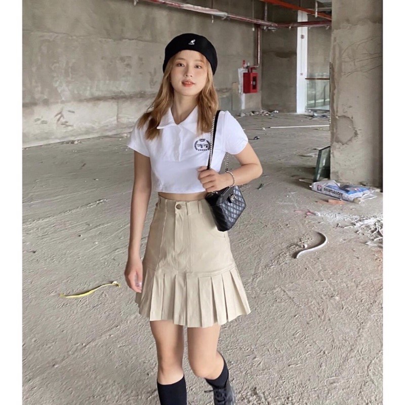 Áo croptop cổ bẻ tay ngắn thêu chữ (trắng/đen/be)