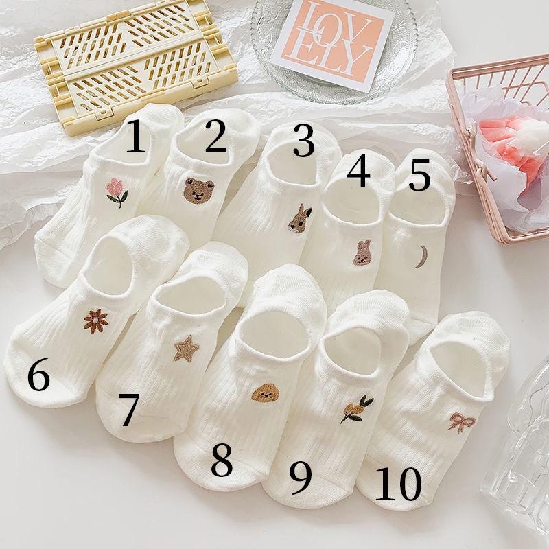 Vớ Cotton Mỏng Màu Trắng Cổ Thuyền In Hoạt Hình Chống Trượt Không Bị Rối Phong Cách Nhật Bản Thời Trang Mùa Hè Cho Nữ