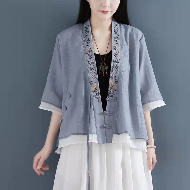Áo sơ mi vải lanh cotton mỏng thêu họa tiết nghệ thuật phong cách cổ điển thời trang mùa hè cao cấp cho nữ