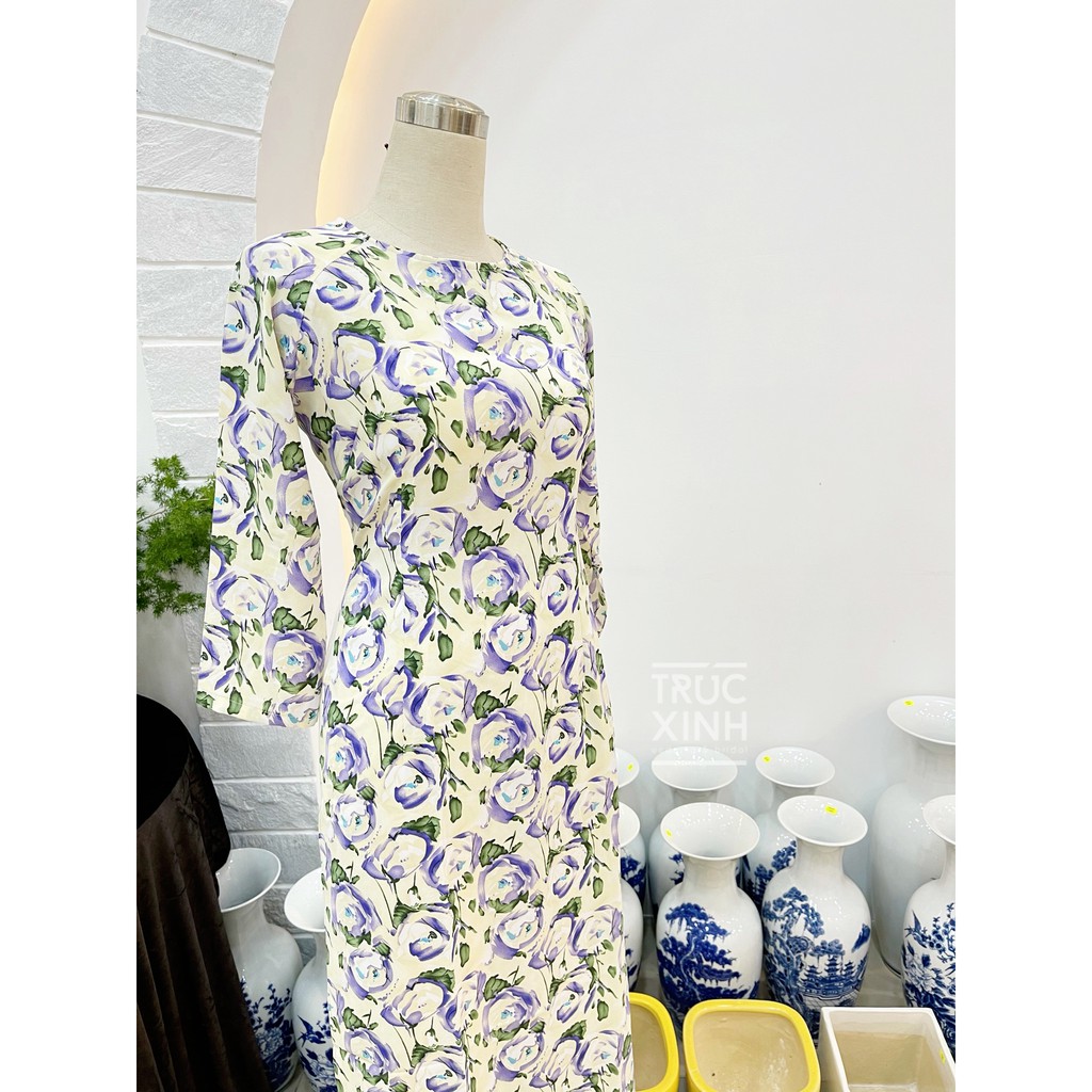 Áo dài hoa tím - Áo dài họa tiết lồng chim vintage