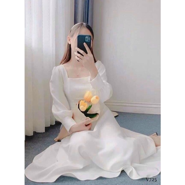 Đầm trắng cổ vuông, tay dài phối ren hạt - Váy trắng cổ vuông, tay dài phối ren hạt, đầm dự tiệc (hình thật/ sẵn)