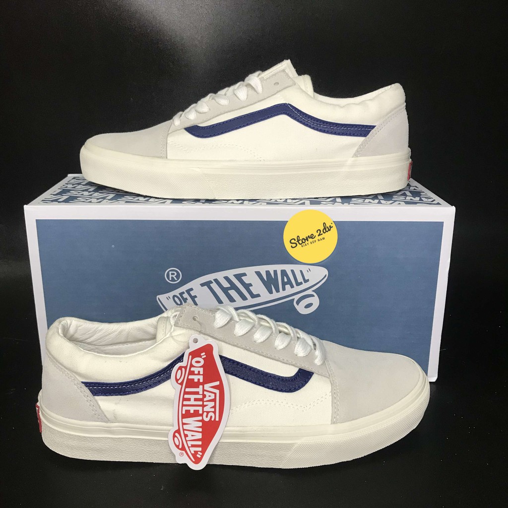 [Tặng Kèm Hộp + Vớ Xinh] Giày Sneakers Vans Trắng Xám Sọc Xanh Dương Da Lộn R11 Giày Vans Style 36 Siêu Đẹp | BigBuy360 - bigbuy360.vn