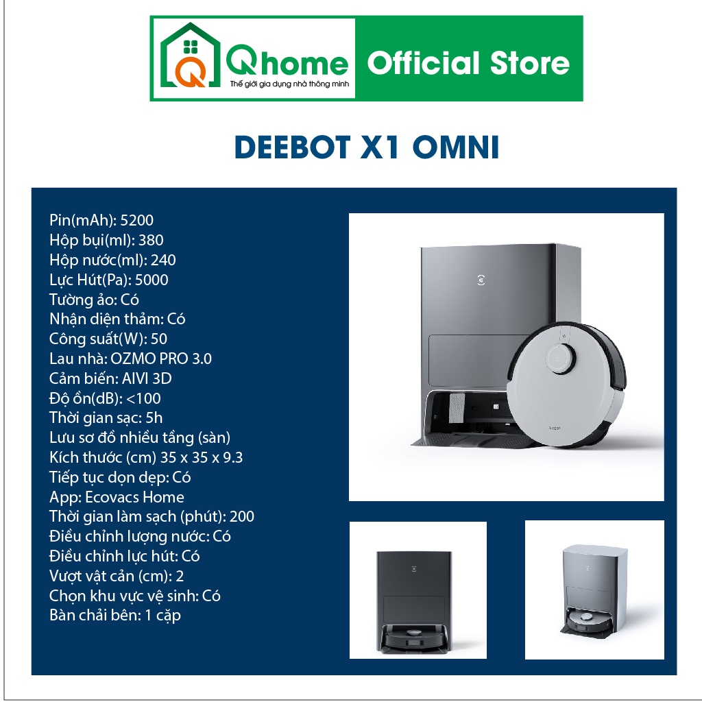 Robot hút bụi lau nhà Ecovacs Deebot X1 Omni hàng  tự giặt khăn lau, tự đổ rác