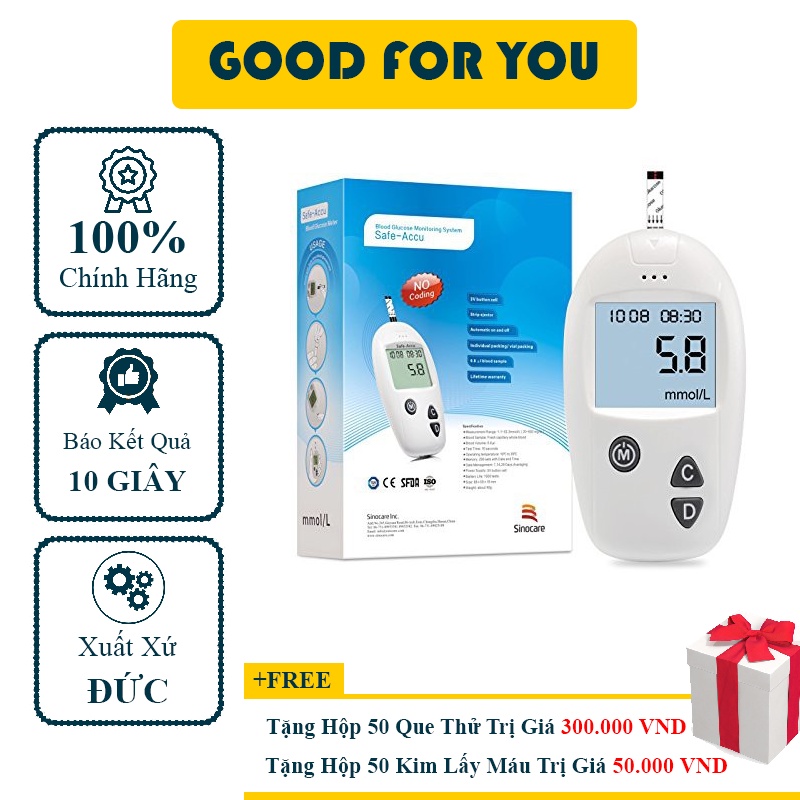 MÁY ĐO ĐƯỜNG HUYẾT SAFE-ACCU SINOCARE (Tặng 50 Que Thử + 50 Kim Lấy Máu) - Good For You