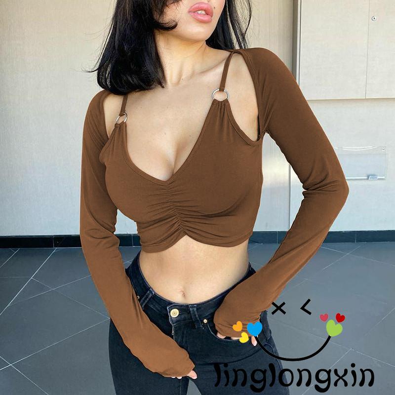 ♡Qj☌Áo Croptop Tay Dài Cổ Chữ V Màu Sắc Trơn Thời Trang Mùa Hè Dành Cho Nữ