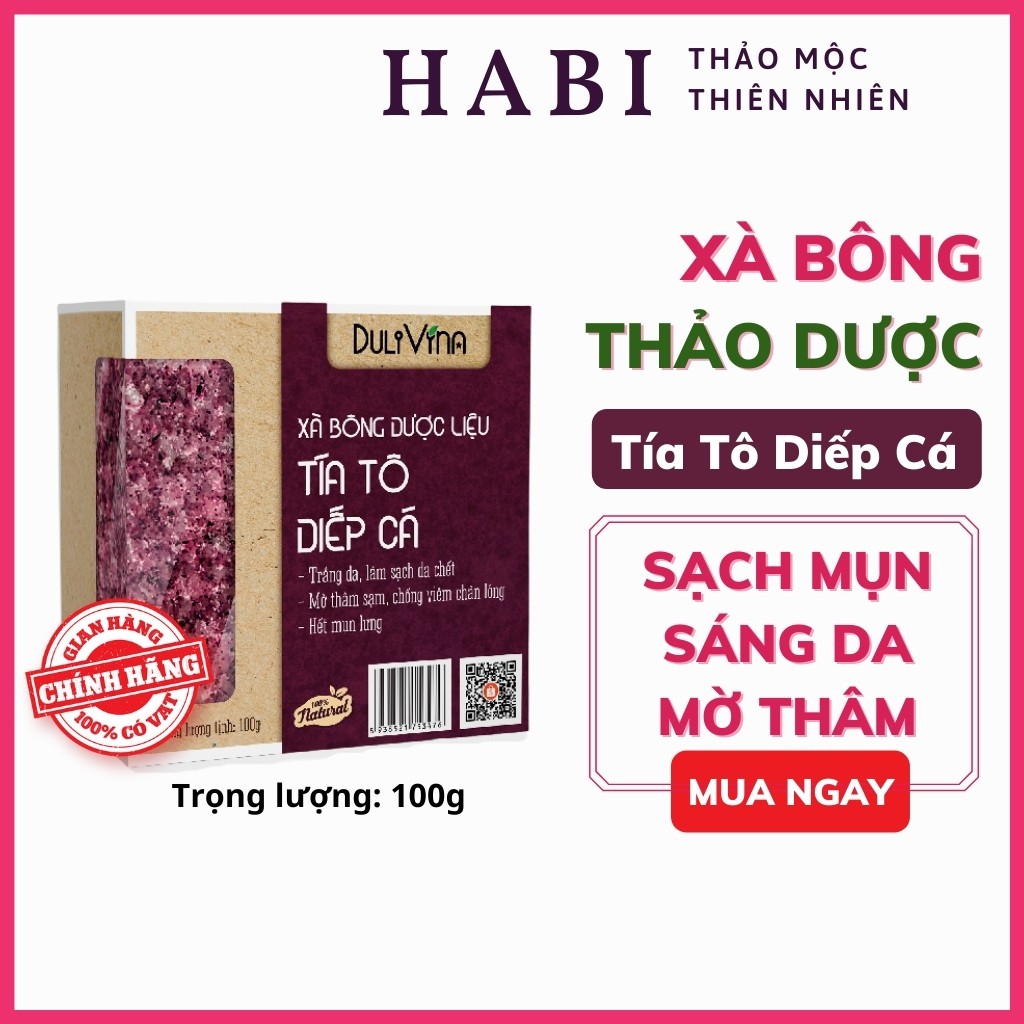 Xà phòng thảo dược Tía Tô Diếp Cá, xà bông cục trắng da, ngừa mụn 100g Dulivina