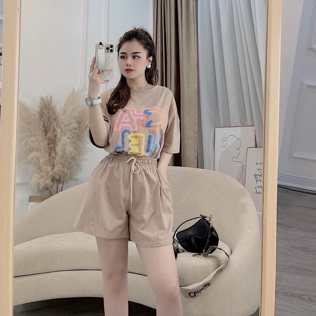 Bộ mặc nhà áo cộc quần short nữ hình chữ CHAN